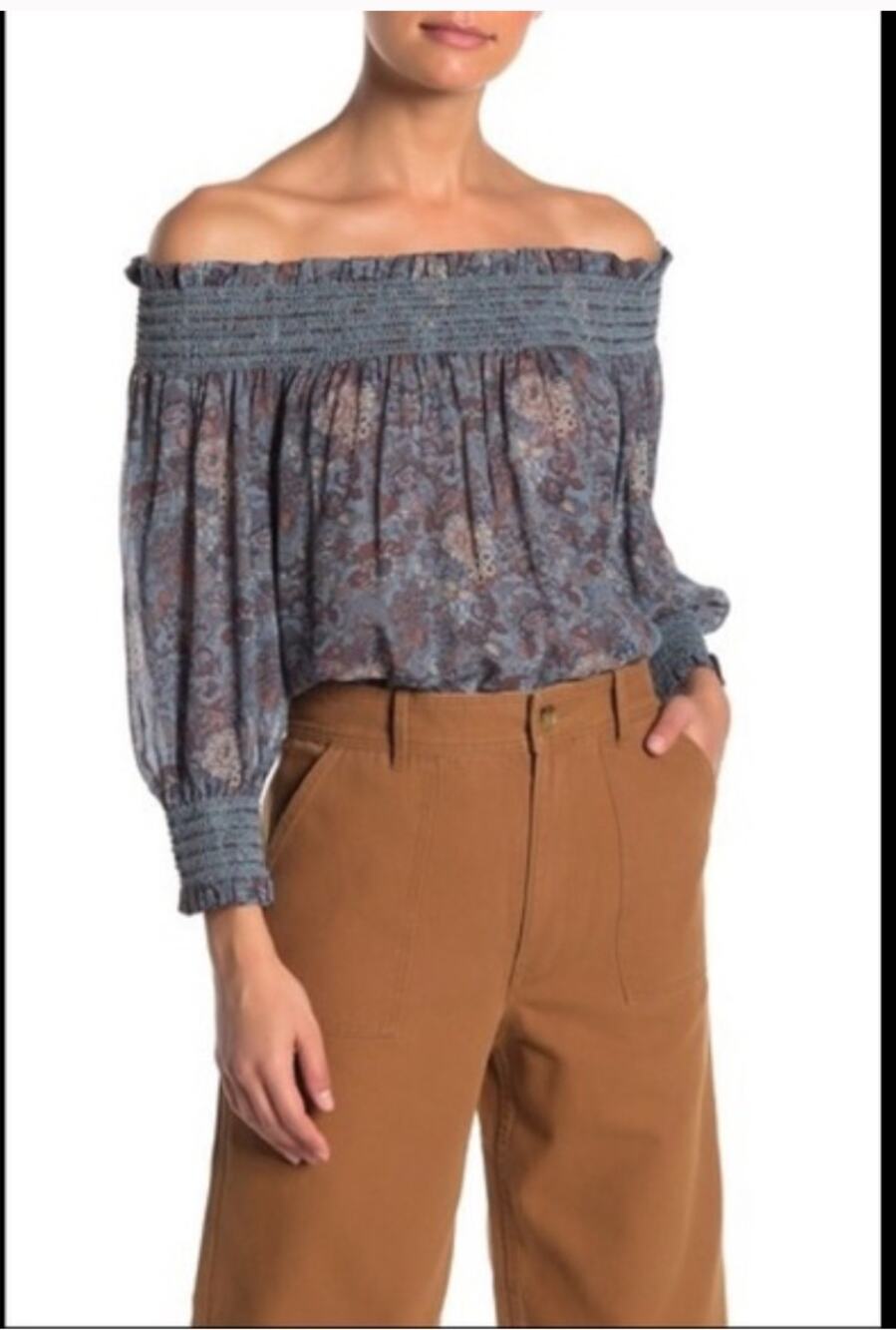 FRYE Smocked Off the Shoulder Lace Top blue floral print M